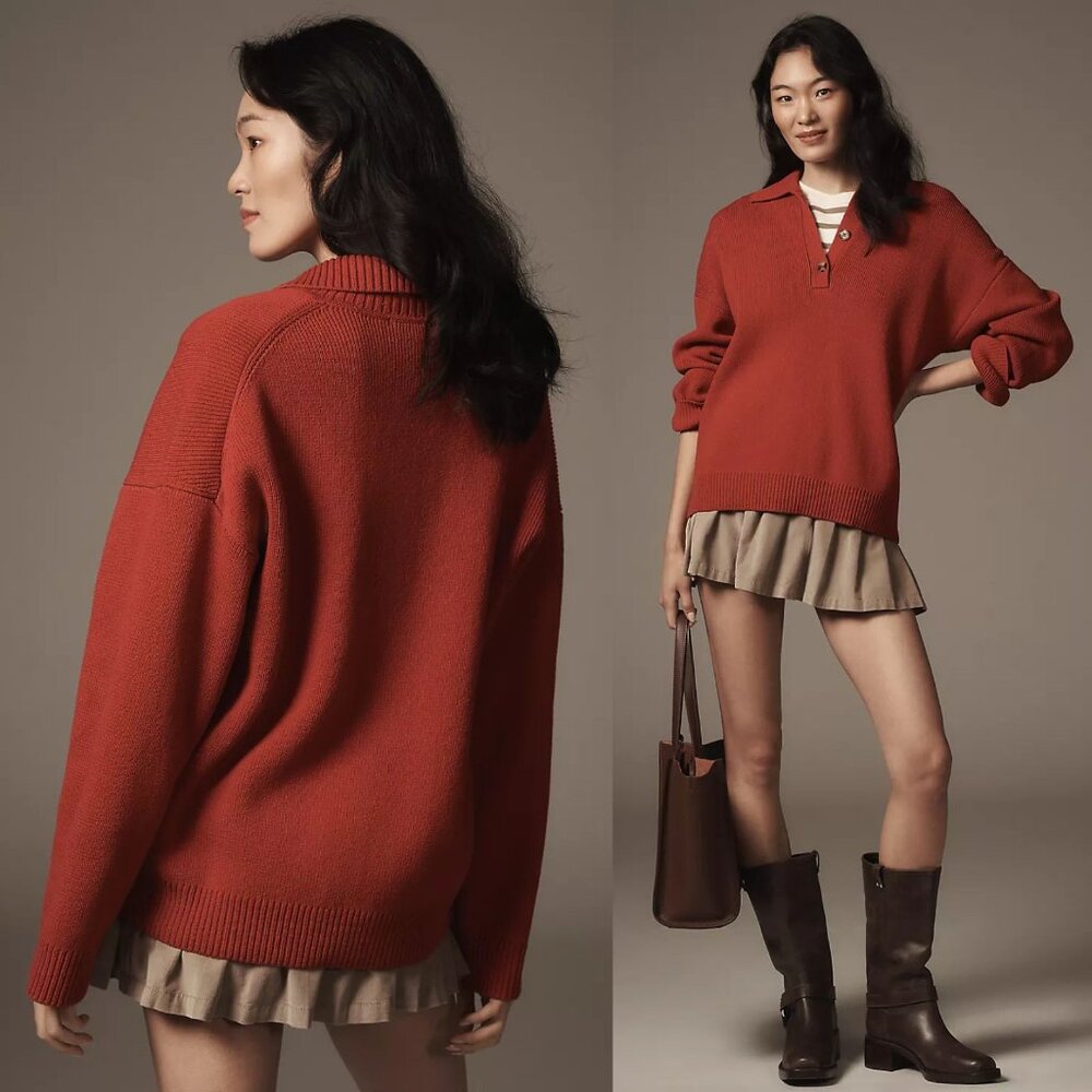 Reformation Brooklyn Sweater Sundried Tomato Red Cotton Polo Henley‎ Size L NWT - Picture 10 of 11